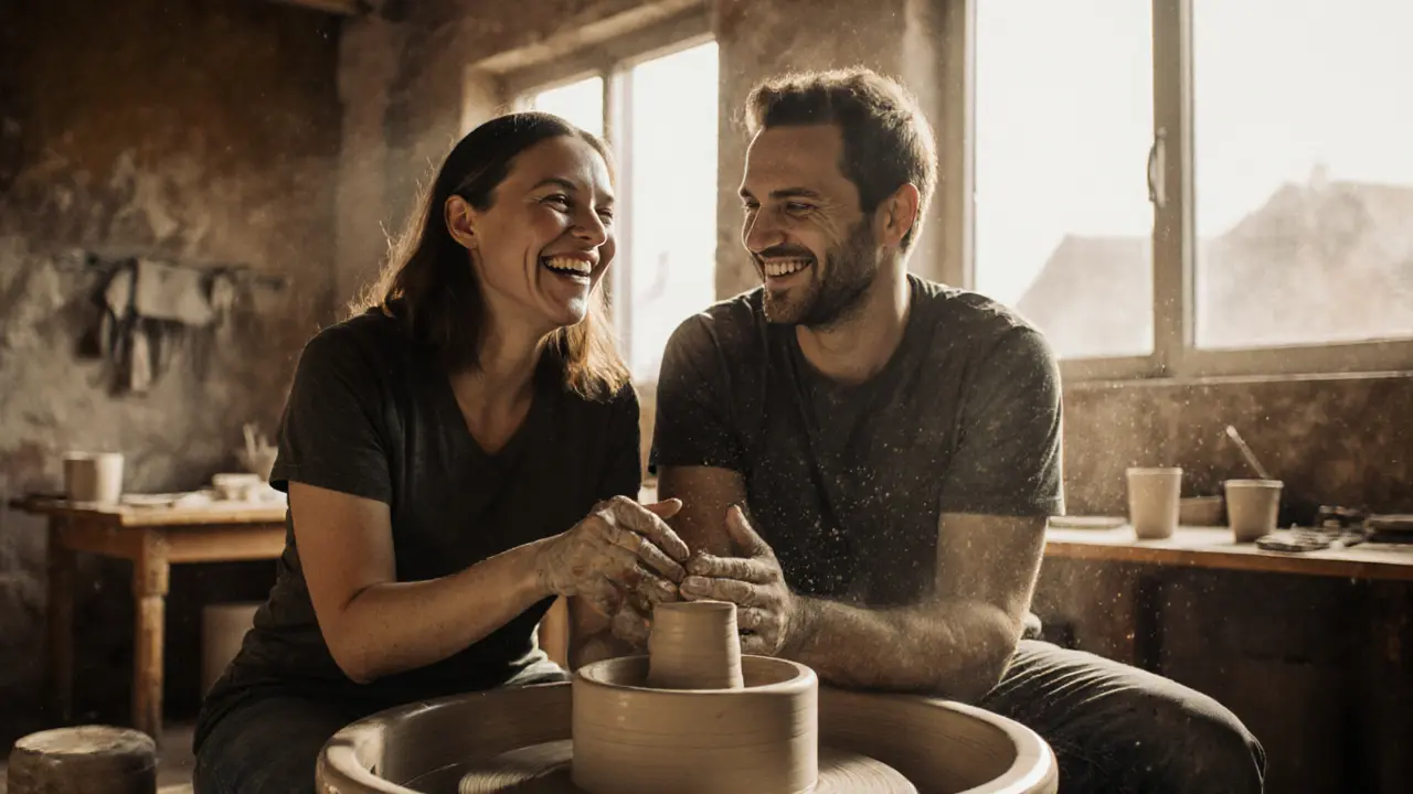 A man and woman sharing a laugh while making pottery together in a sunlit studio.