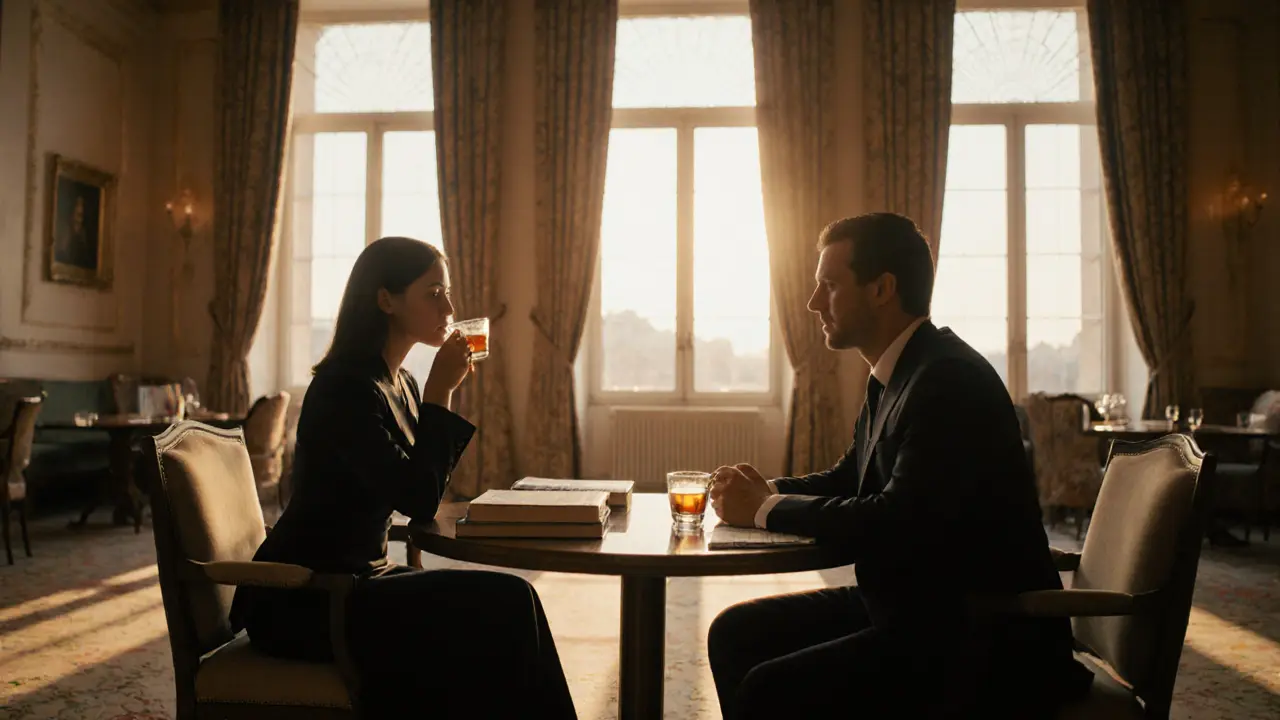 A man and woman sit calmly in a Vienna hotel lobby, sharing tea and conversation without physical contact.