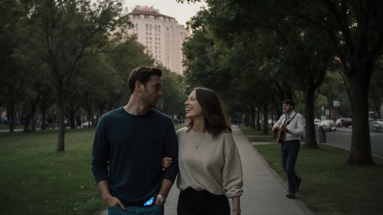 A man and woman walk together in a peaceful park at dusk, embodying companionship and natural connection.