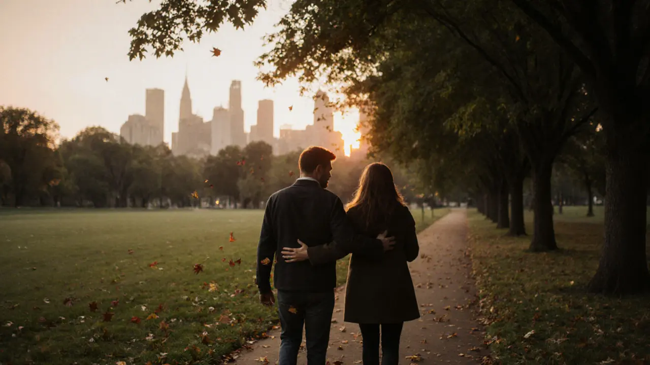 A man and woman walking side by side in a peaceful city park at sunset, connected in silence.