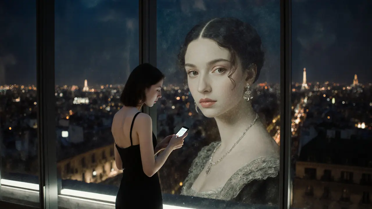 A modern woman on a rooftop with a glowing phone, her reflection merging with a historical courtesan in a surreal composite.