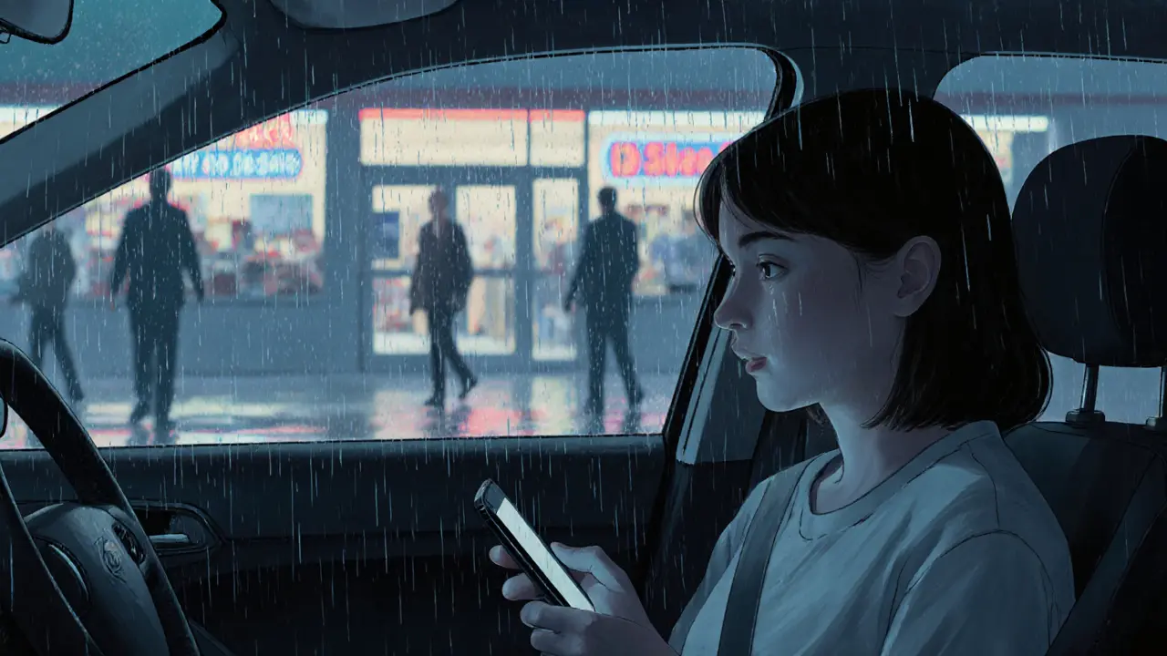 A person sitting alone in a car at dawn, crying while looking at a silenced phone outside a supermarket.