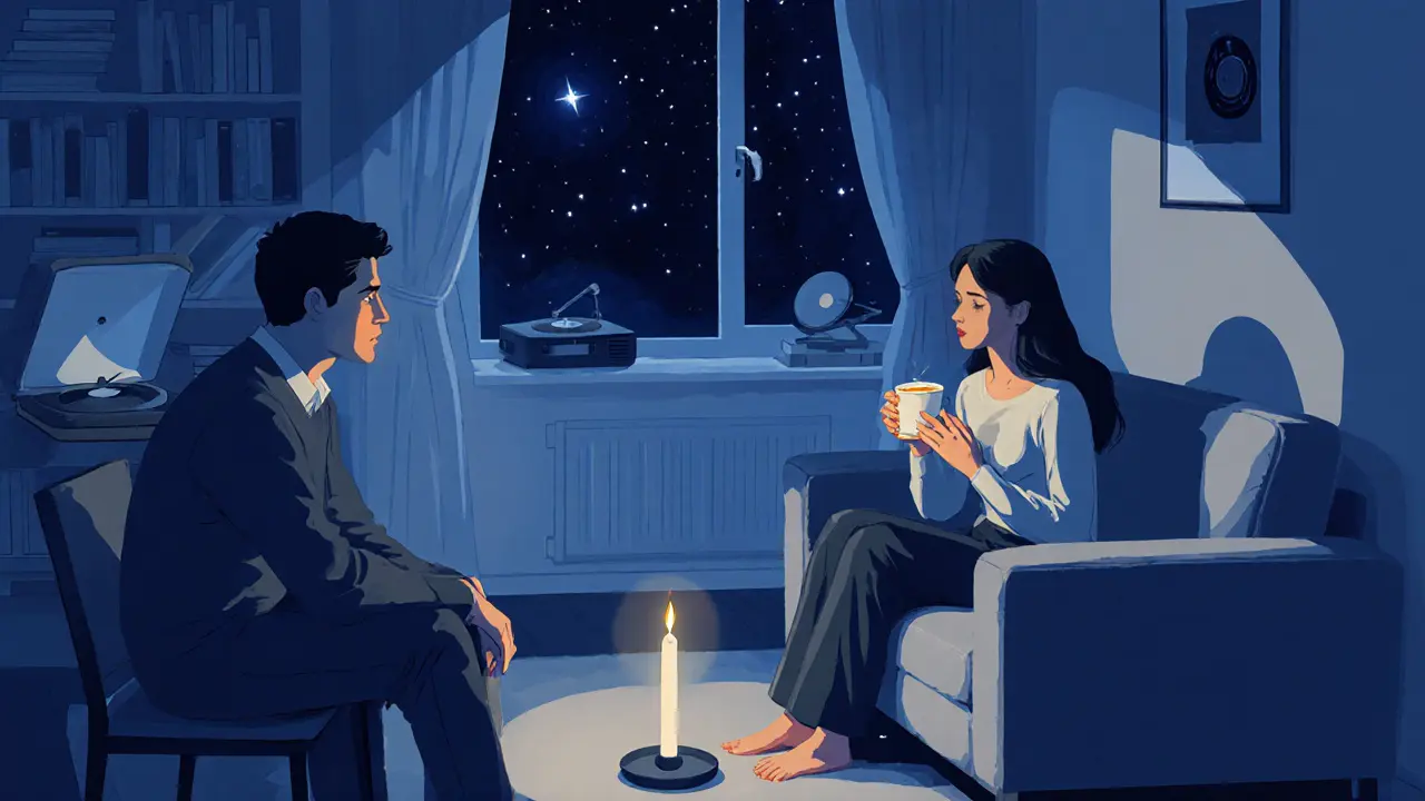 A person sitting calmly in a softly lit room, finding peace with another during a quiet evening.