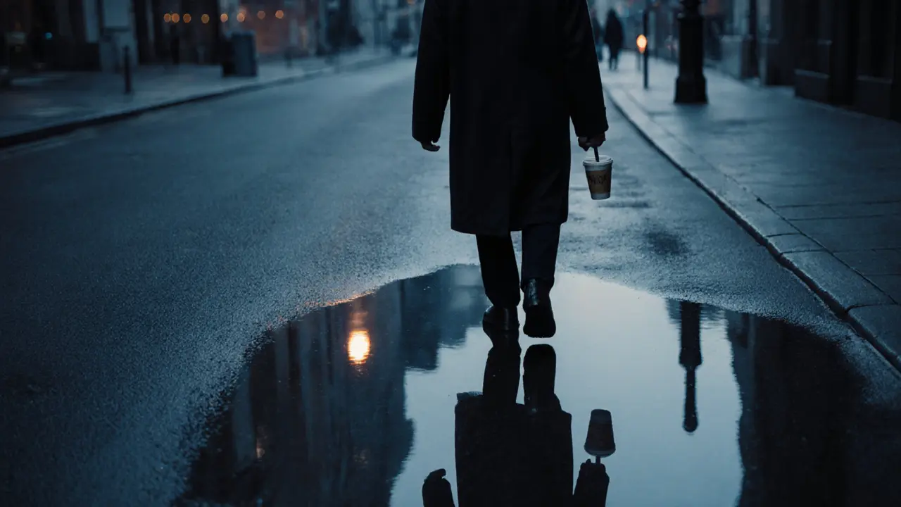 A person walking alone at dawn, reflection in a puddle shows a ghostly image of a past encounter.
