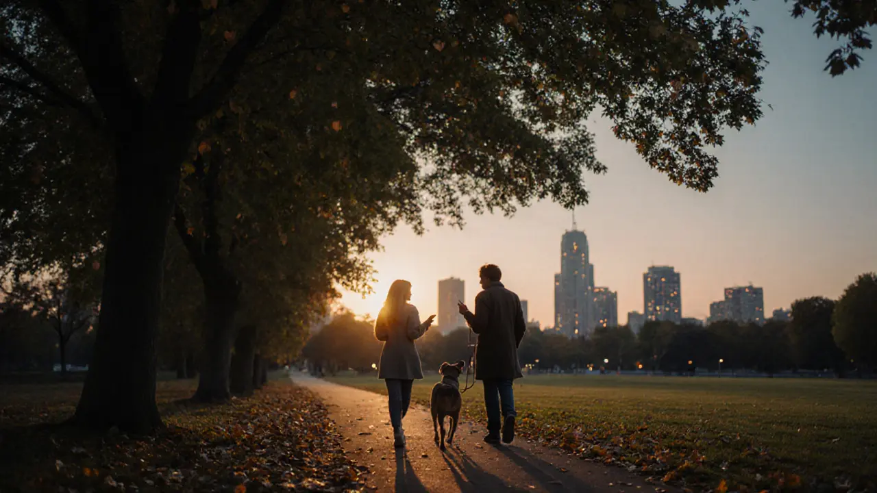 A person walking their dog as they listen to a stranger share a heartfelt story in a park at dusk.