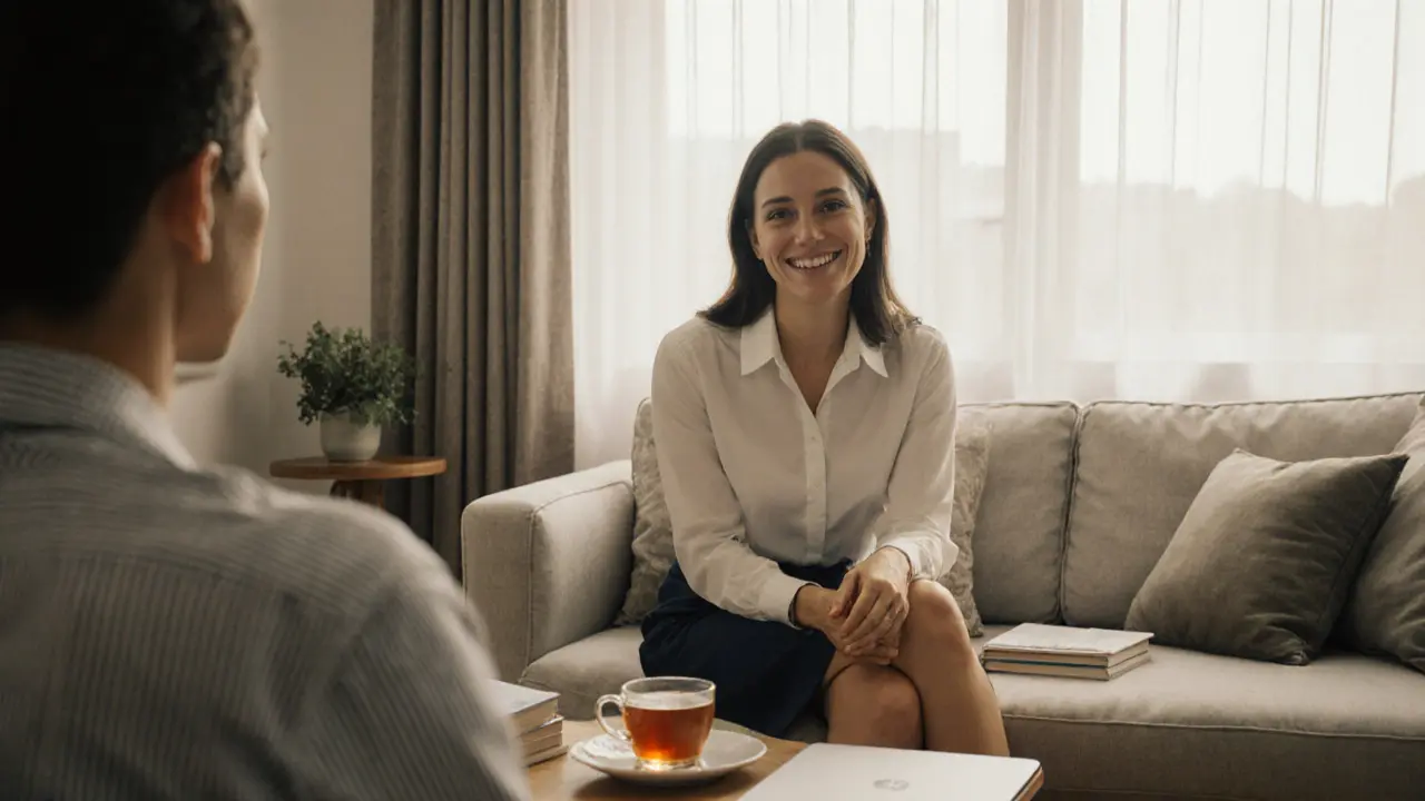 A professional escort and client sharing tea in a quiet lounge, natural light, respectful atmosphere.