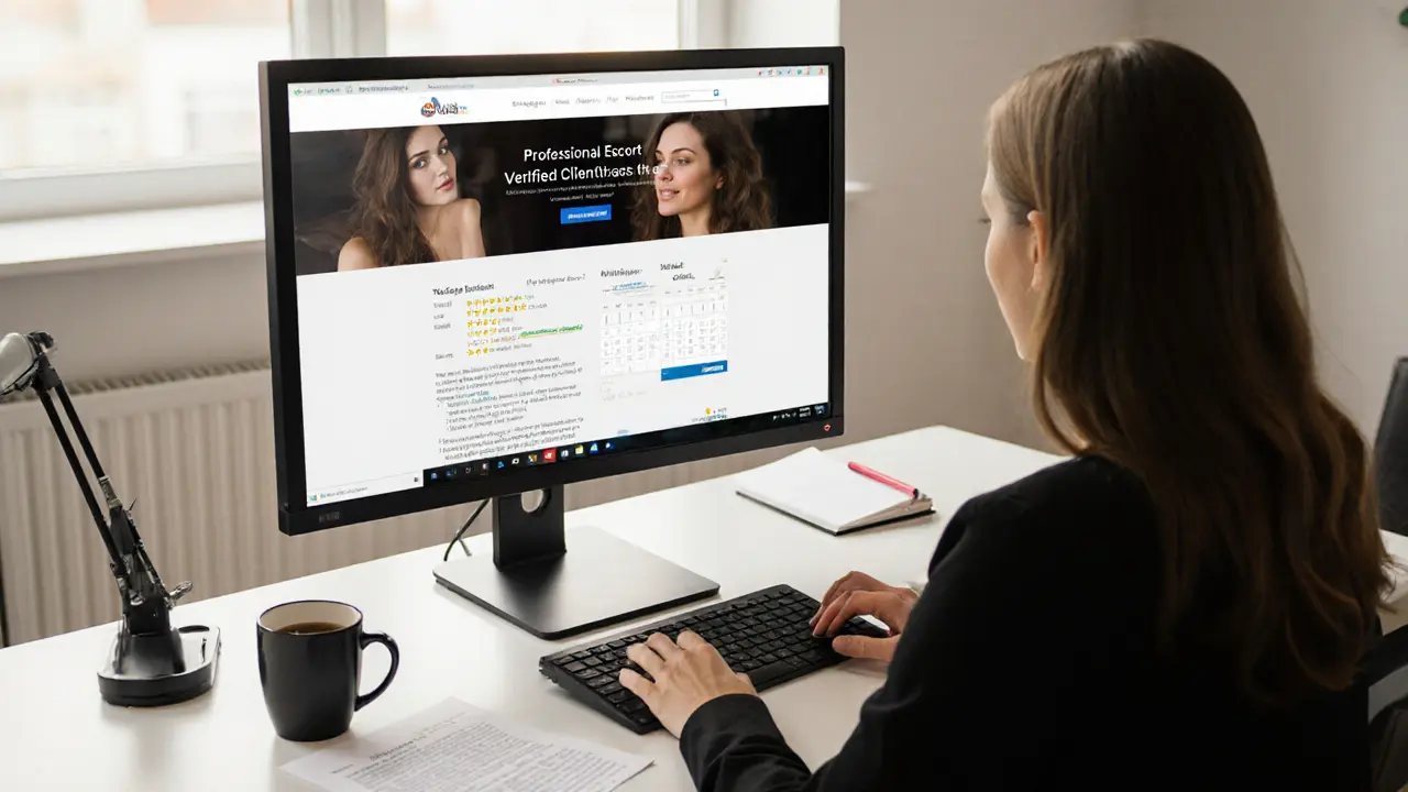 A professional woman managing her escort business from a home office with verified client profiles and contracts visible.
