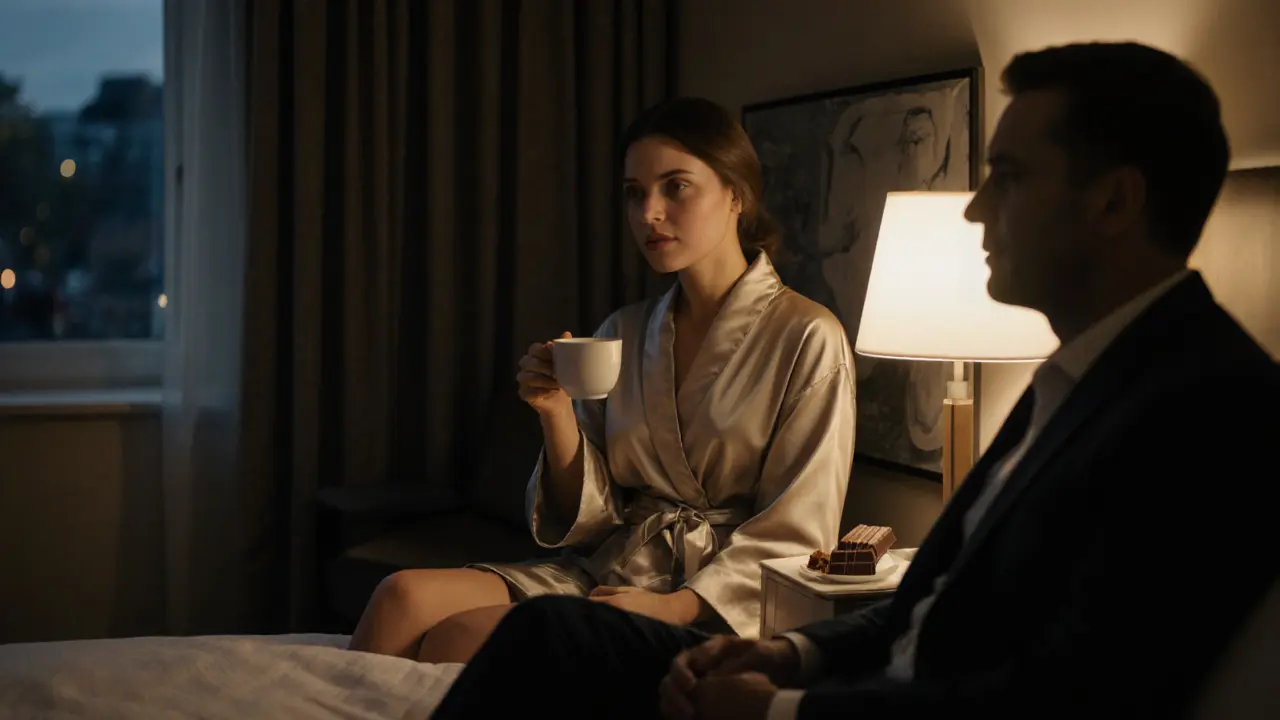 A quiet hotel room scene with a woman and client watching a movie together, warm lighting, no explicit content.