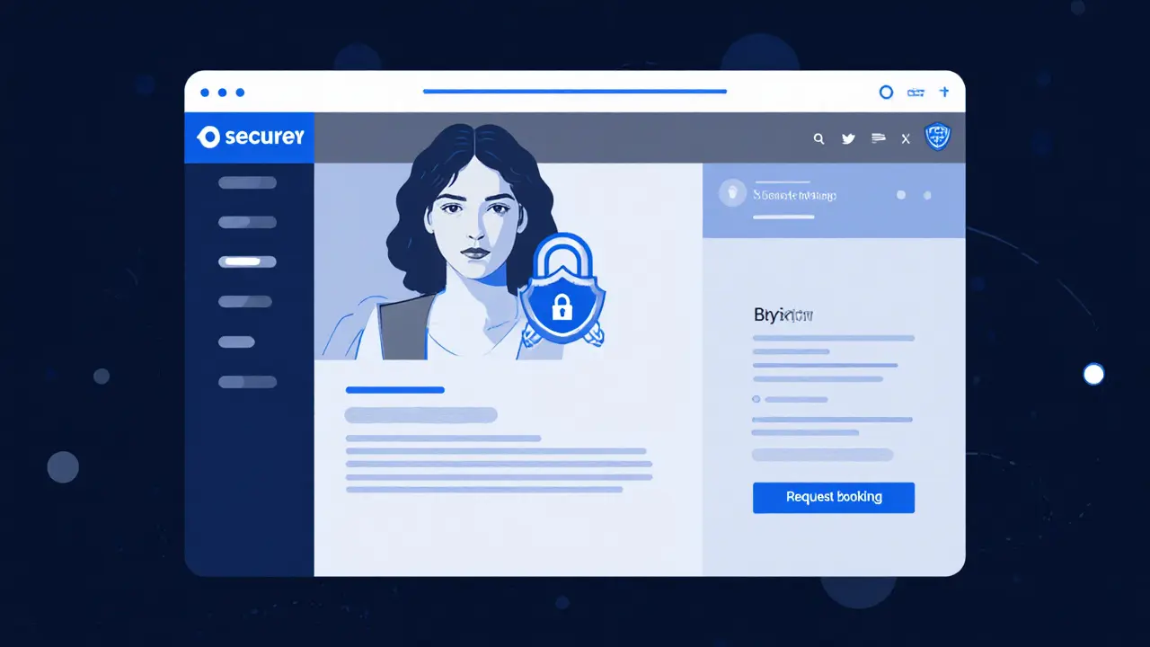 A secure online booking interface showing a vetted escort profile with privacy indicators.