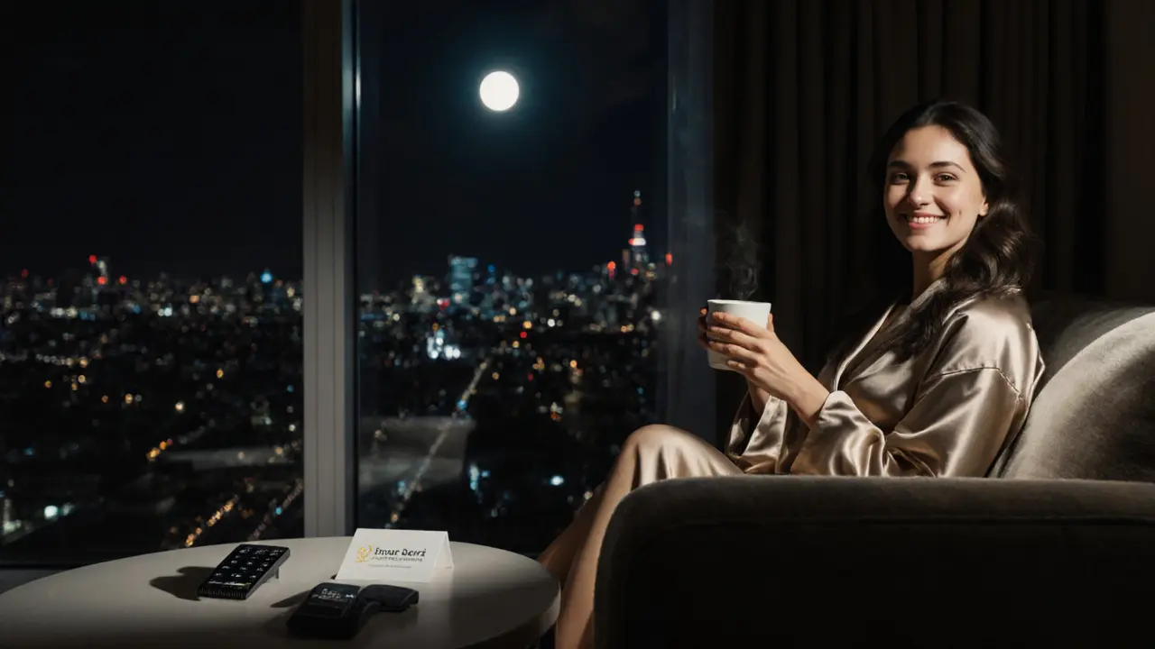A serene woman in a silk robe in a luxury hotel suite, gazing at the city skyline with calm presence.