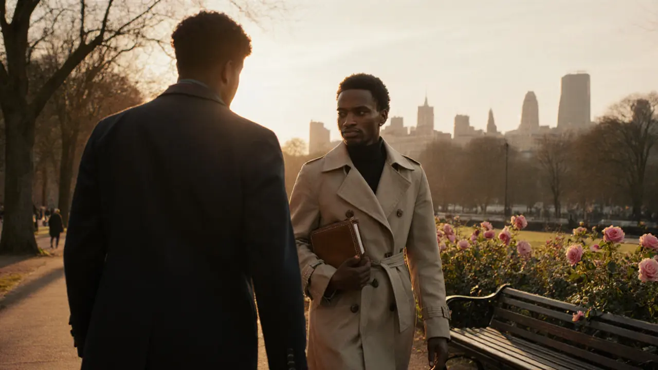 A stylish European companion walking through Hyde Park with a client at sunset.