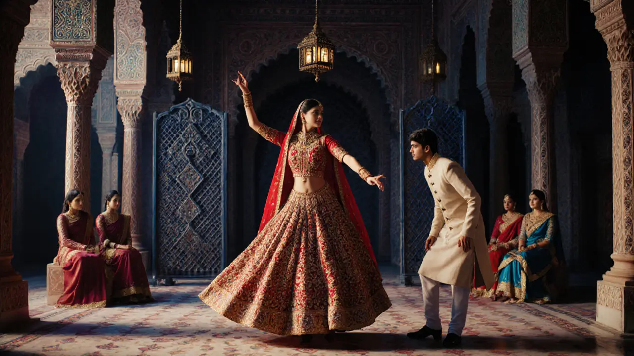 A tawaif performing a classical dance in a Mughal court, ornate architecture and lanterns casting intricate shadows.