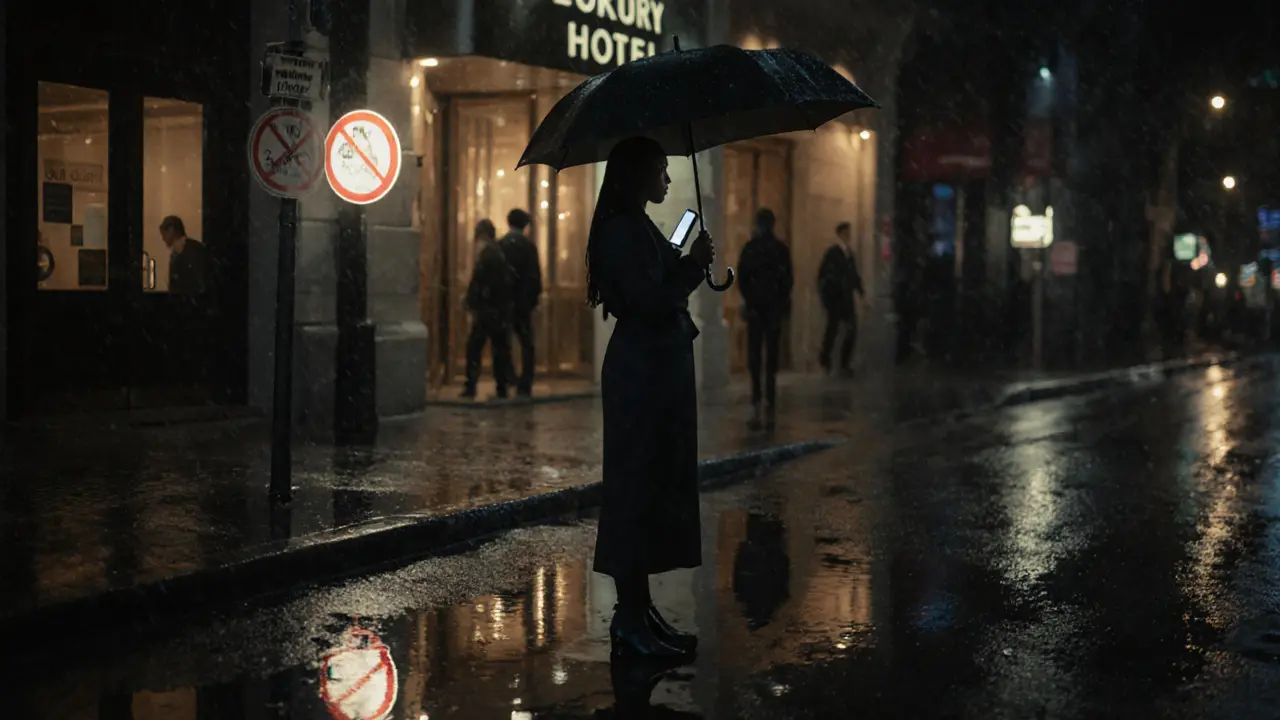 A trans woman stands alone on a rainy sidewalk, her reflection shown in a puddle beside a &#039;No Soliciting&#039; sign.
