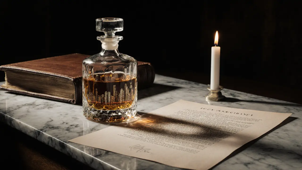 A whiskey decanter, contract, and unlit candle on marble, symbolizing refined, intentional human connection without words.