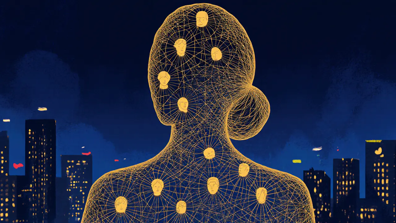 A woman&#039;s silhouette is woven from threads representing the stories of those she has comforted.