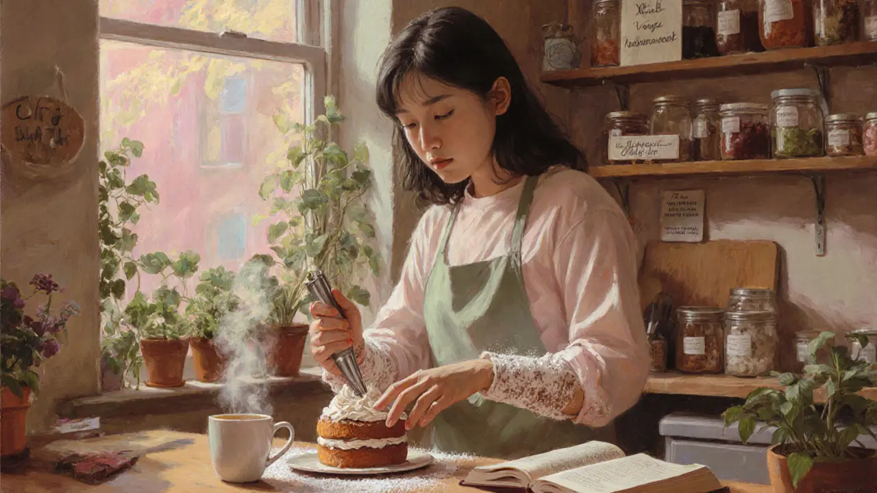 A woman bakes vegan cakes in her Hackney bakery at dawn, books and mugs nearby.