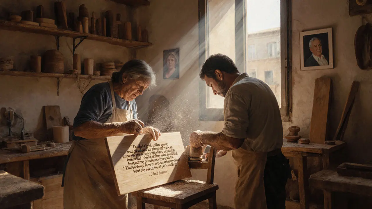 A woman carving poetry into wood beside her partner in a sunlit Madrid workshop.