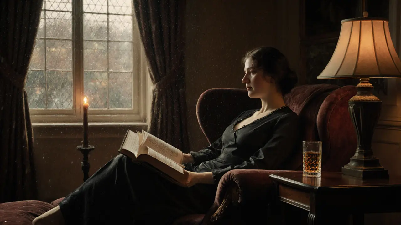 A woman in a quiet study with a book and candle, rain outside, tranquil and sophisticated atmosphere.