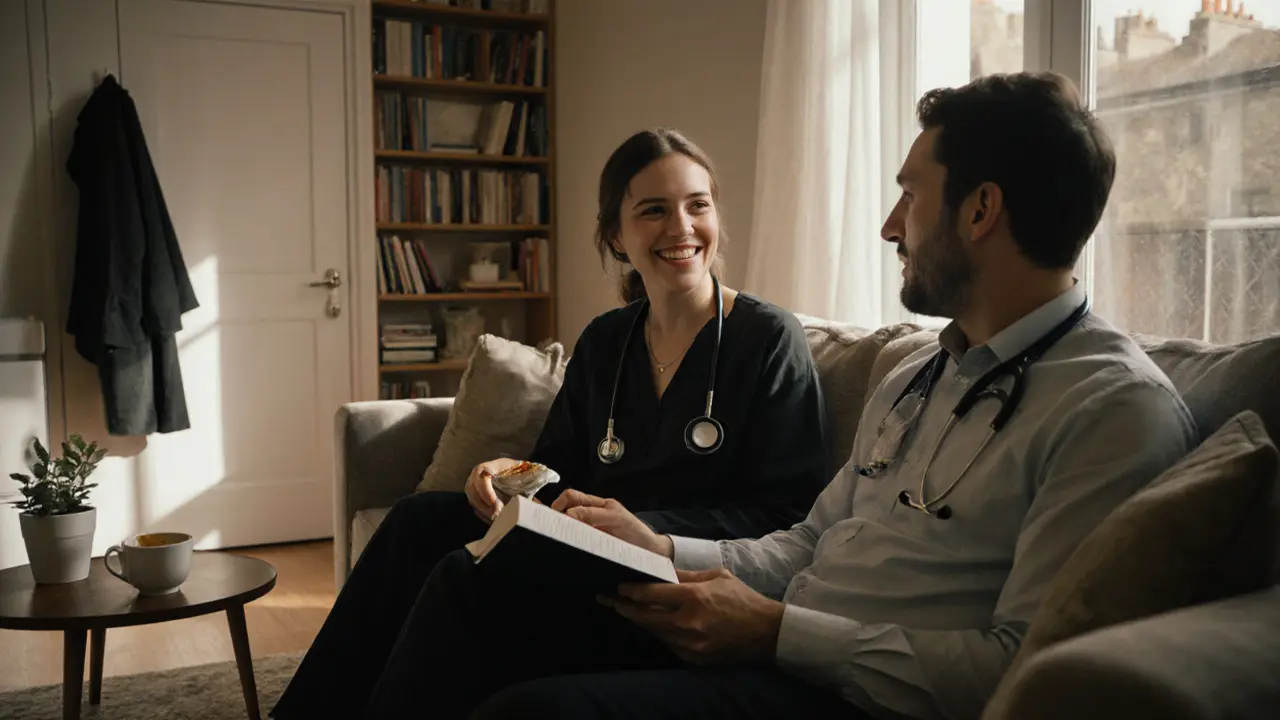 A woman in a robe and stethoscope sits calmly with a man in a sunlit East London apartment.