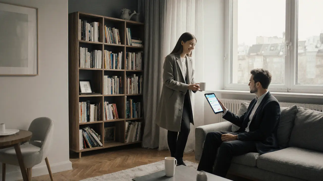 A woman offering coffee to a client in a bright Berlin studio, books and tablet visible, natural morning light.
