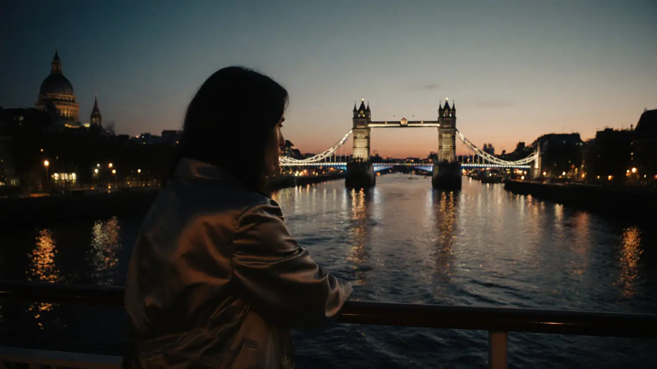 A woman on a Thames cruise at dusk, city lights reflecting on water, serene and private moment.