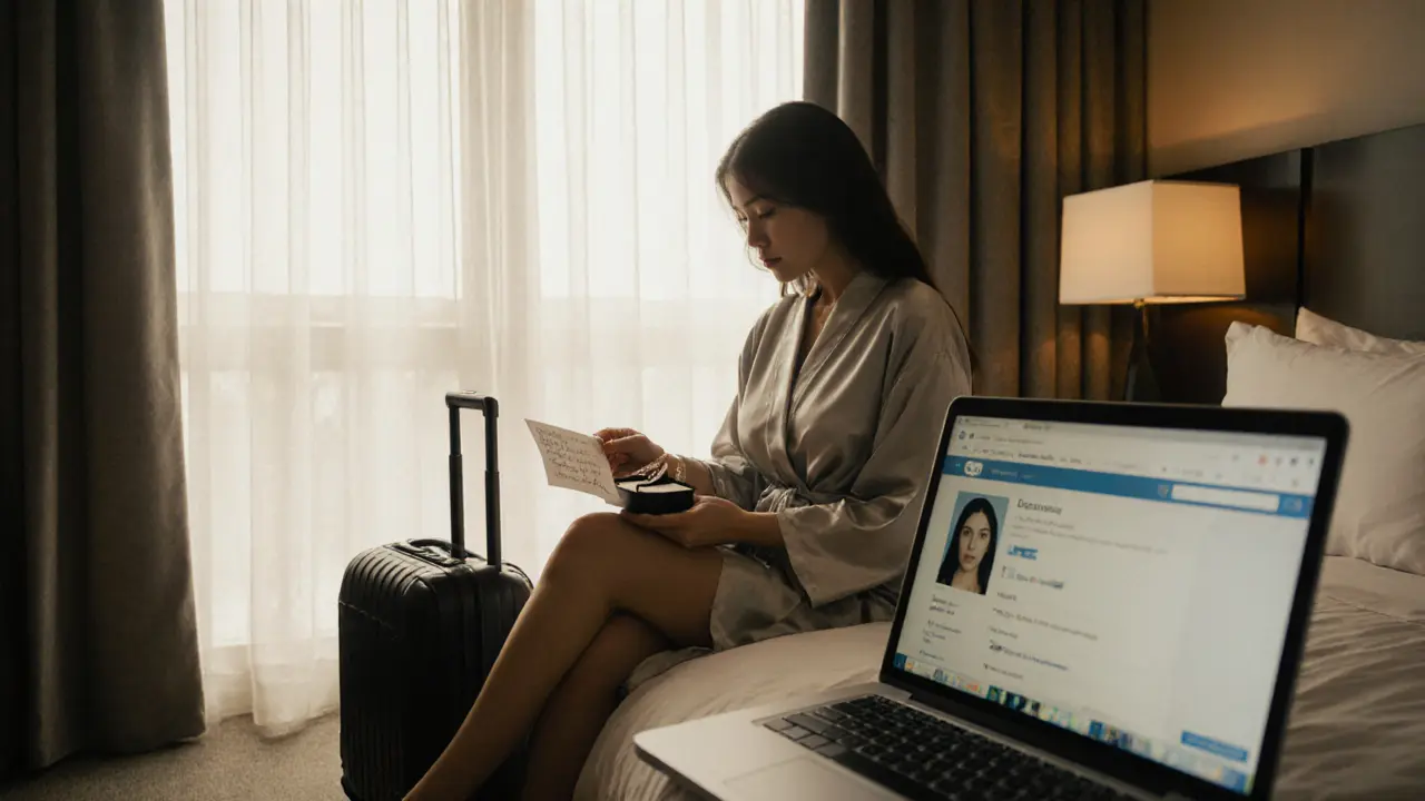 A woman sits on a hotel bed with a note and jewelry box, morning light streaming in, suitcase nearby.