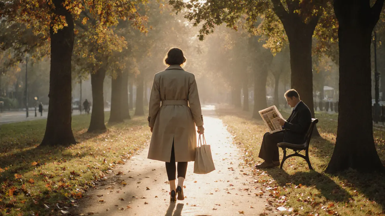 A woman walking alone in a quiet London park at dawn, symbolizing independence and dignity.