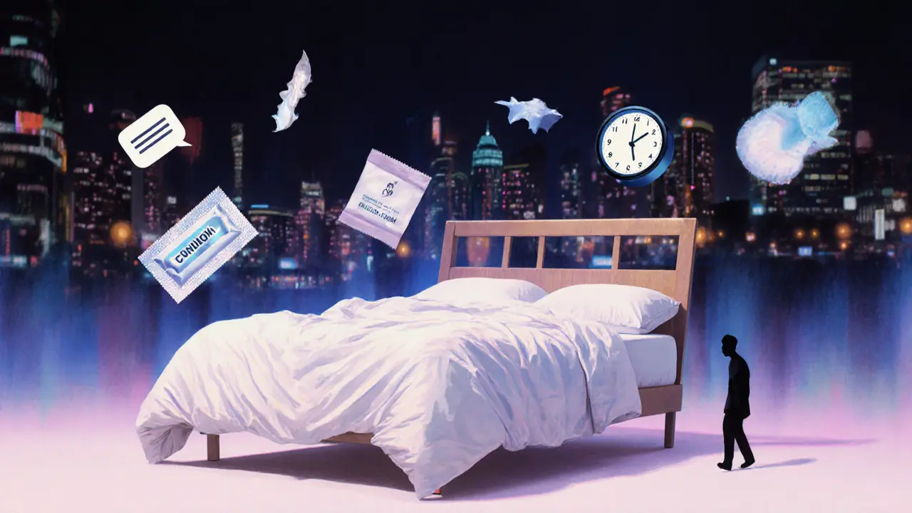 An empty bed with symbolic fragments floating around it, representing a fleeting and emotionally empty encounter.