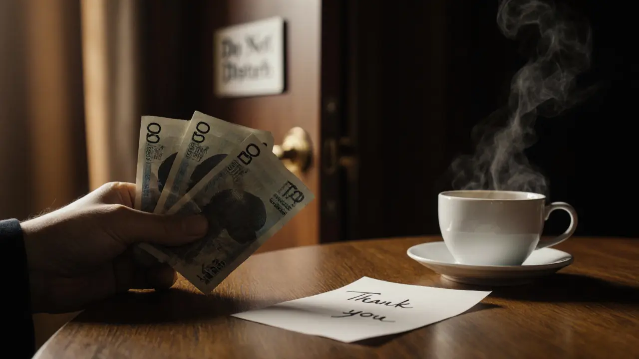 Cash and a handwritten note on a table near a hotel door, symbolizing respectful, private human connection.