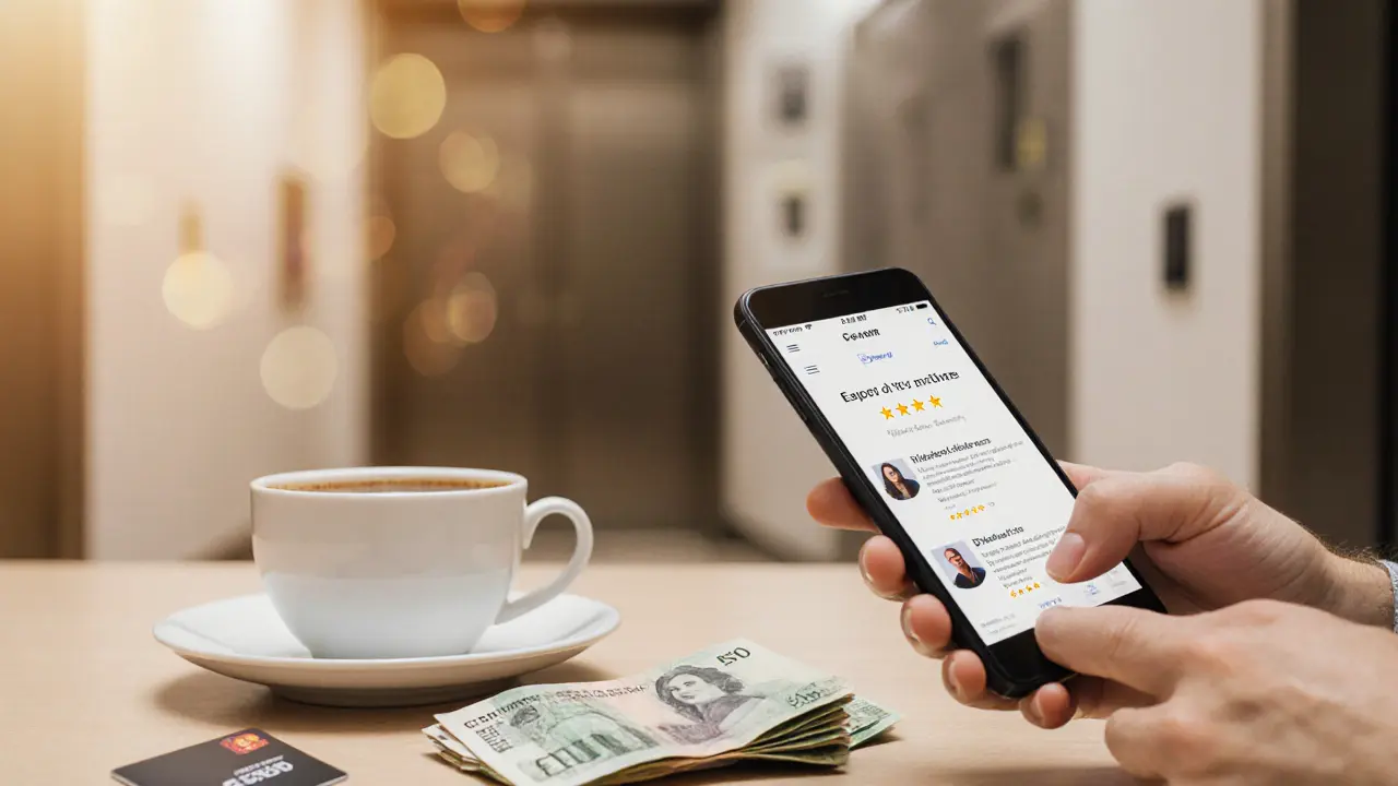 Cash and smartphone displaying a clean escort website on a hotel table.