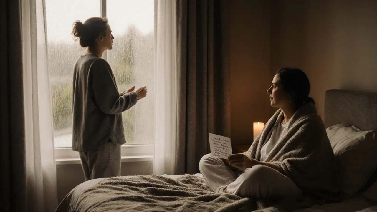 Client holding a handwritten note after a session, sitting peacefully on a bed with rain outside.