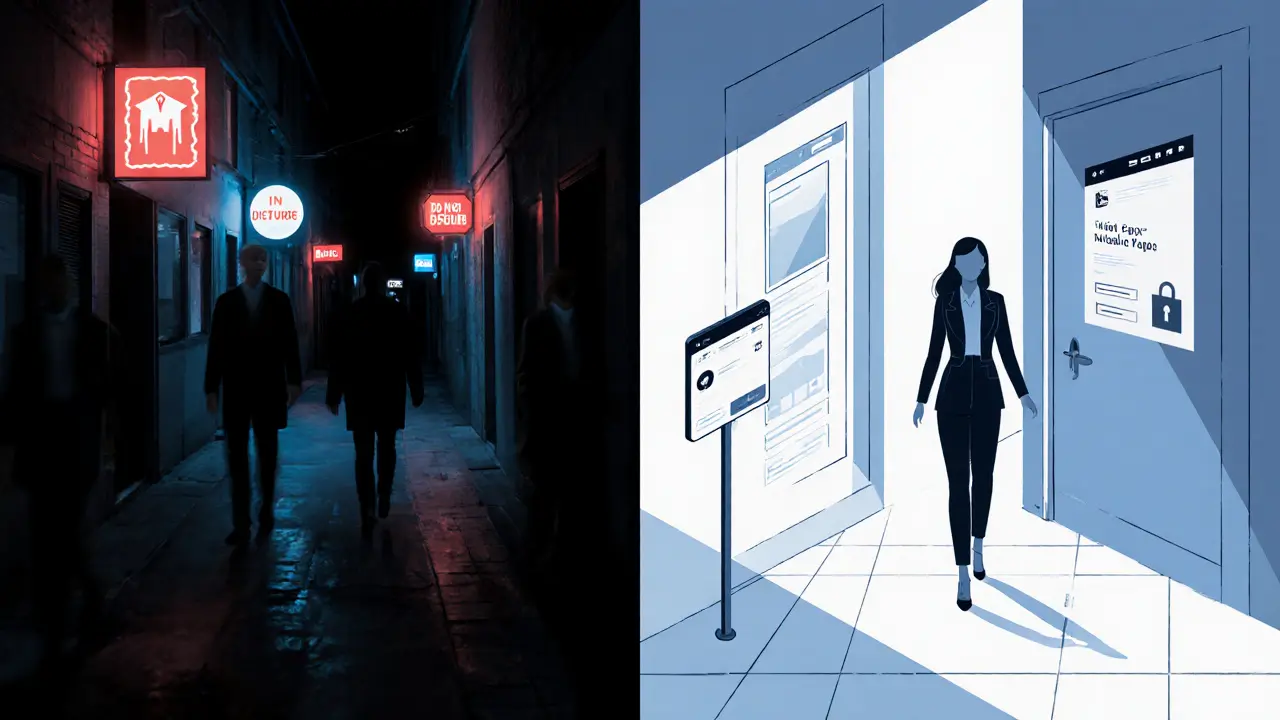 Contrasting imagery: dangerous street on one side, safe professional environment on the other, symbolizing escort myths vs reality.