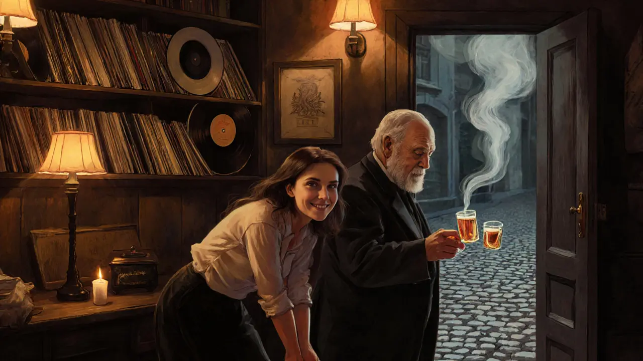 Couple in a dim jazz bar in Prague, sipping slivovitz under vintage lamps.