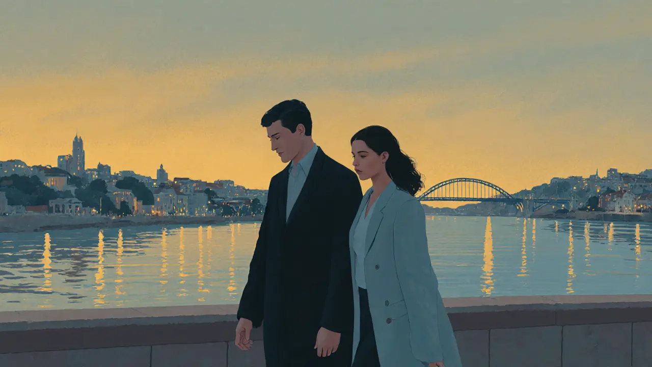 Couple walking silently along the Tagus River at sunset, comfortable in quiet.