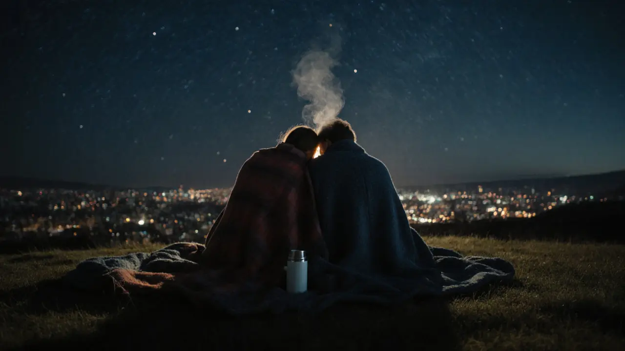 Couple wrapped in a blanket on a hill at night, gazing at stars over Edinburgh.