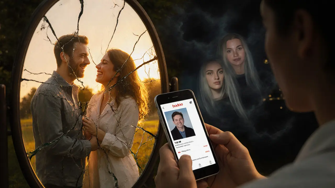 Cracked mirror showing real connection vs. lonely phone screen with vanished Badoo profile.