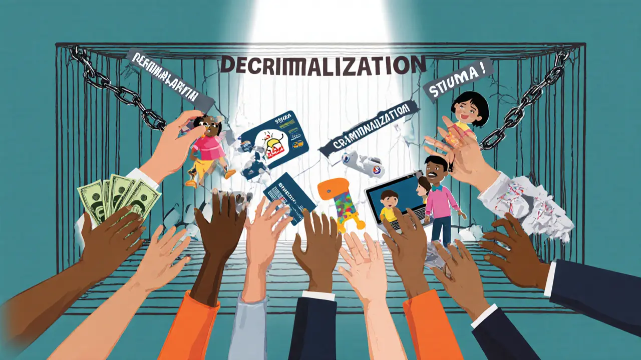 Diverse hands break free from legal chains, reaching toward light labeled &#039;Decriminalization&#039;.