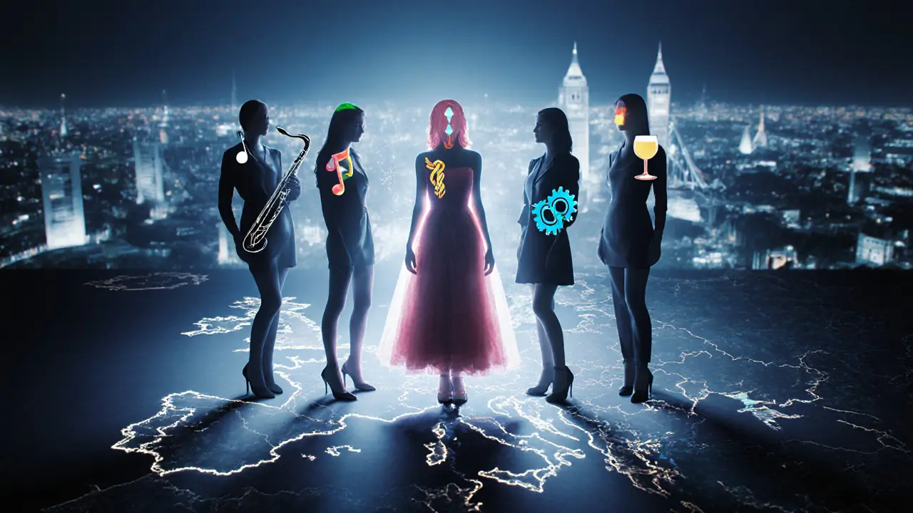 Five translucent European women surrounding a glowing London map with cultural symbols.