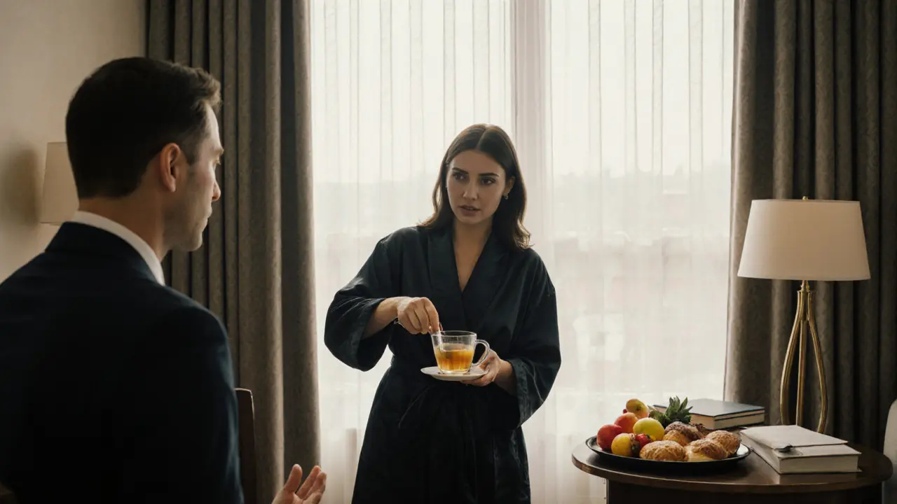 GFE provider pouring tea for a client in a luxurious hotel room during morning light.