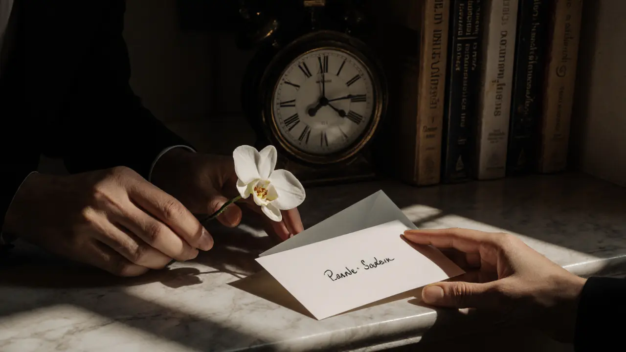 Hands placing a flower on a windowsill beside books in multiple languages, candlelight casting shadows.
