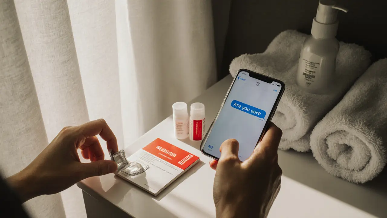 Hands placing condoms and a testing kit on a bathroom counter with a phone showing a text message.