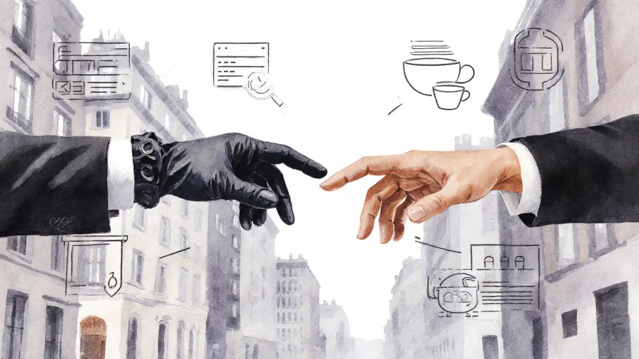 Interconnected hands reaching across a blurred London skyline, symbolizing trust and connection.