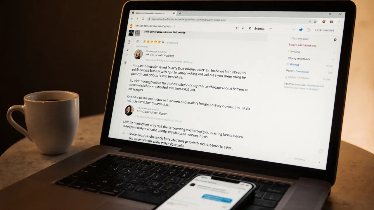 Laptop screen showing detailed escort reviews with coffee and encrypted messaging app nearby.