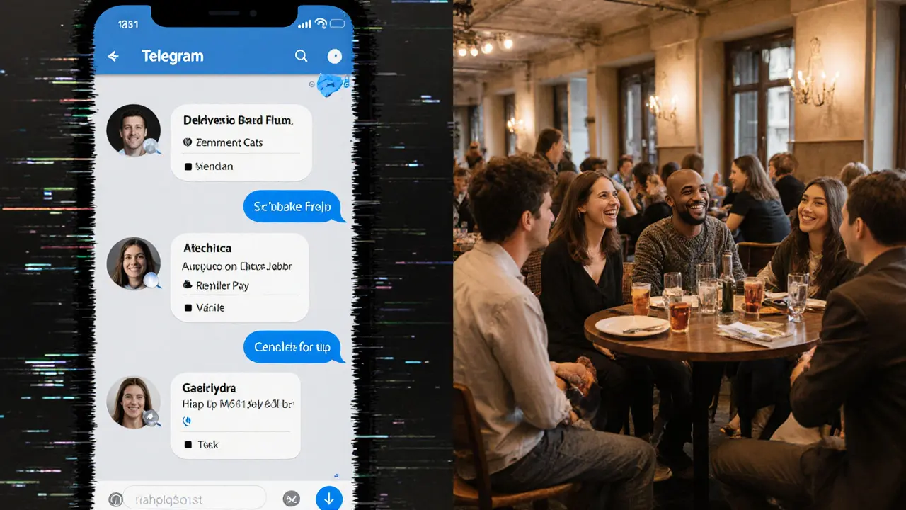 Left: fake escort profiles on a phone screen; right: real people connecting at a café meetup in Prague.