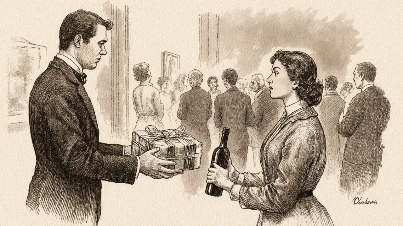 Man gives woman a book and local wine as a thoughtful gift at an art gallery.