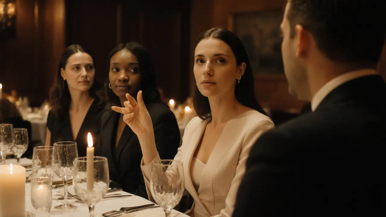 Professional female companions dining elegantly at a high-end restaurant, engaged in cultured conversation.