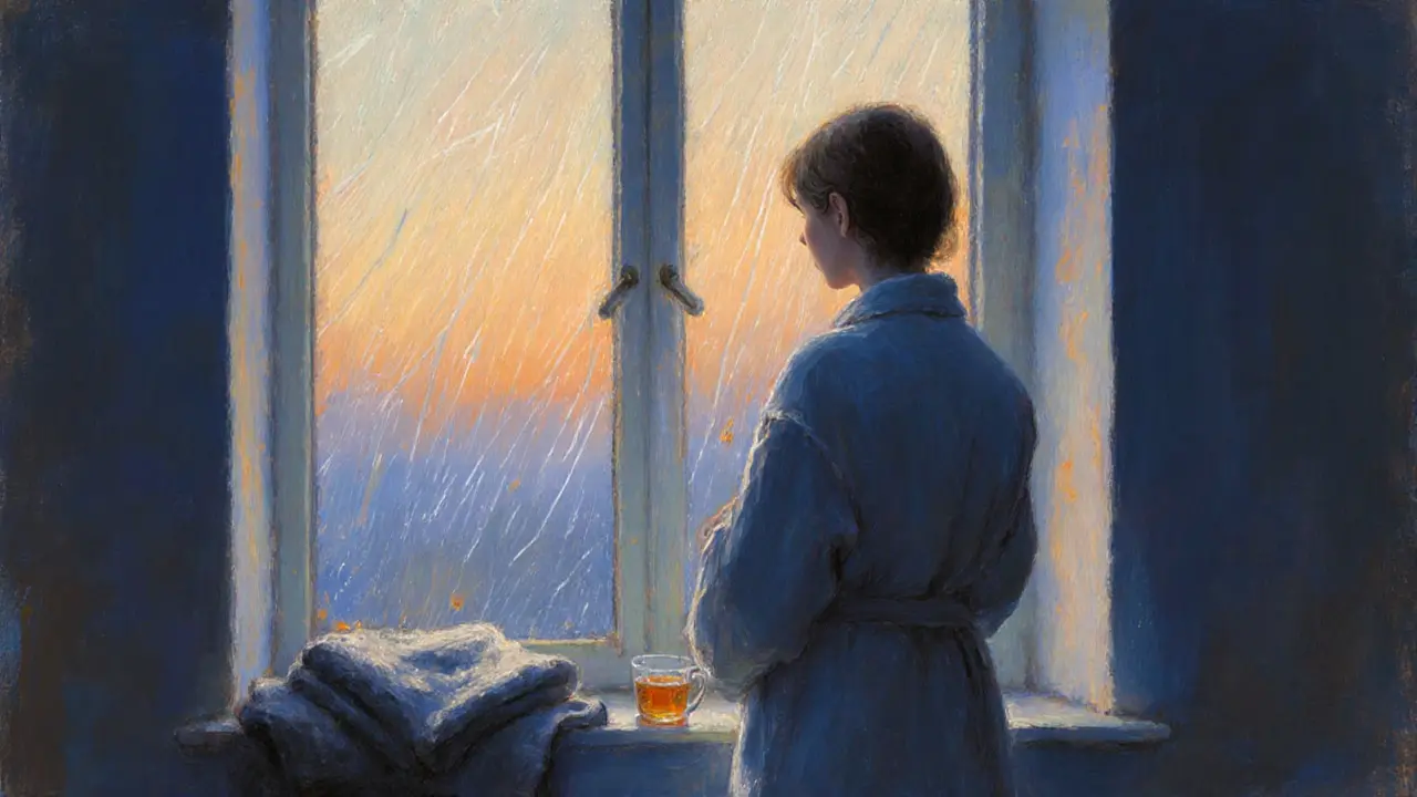Someone standing by a rainy window at dawn, wrapped in a robe, looking peaceful and reflective.