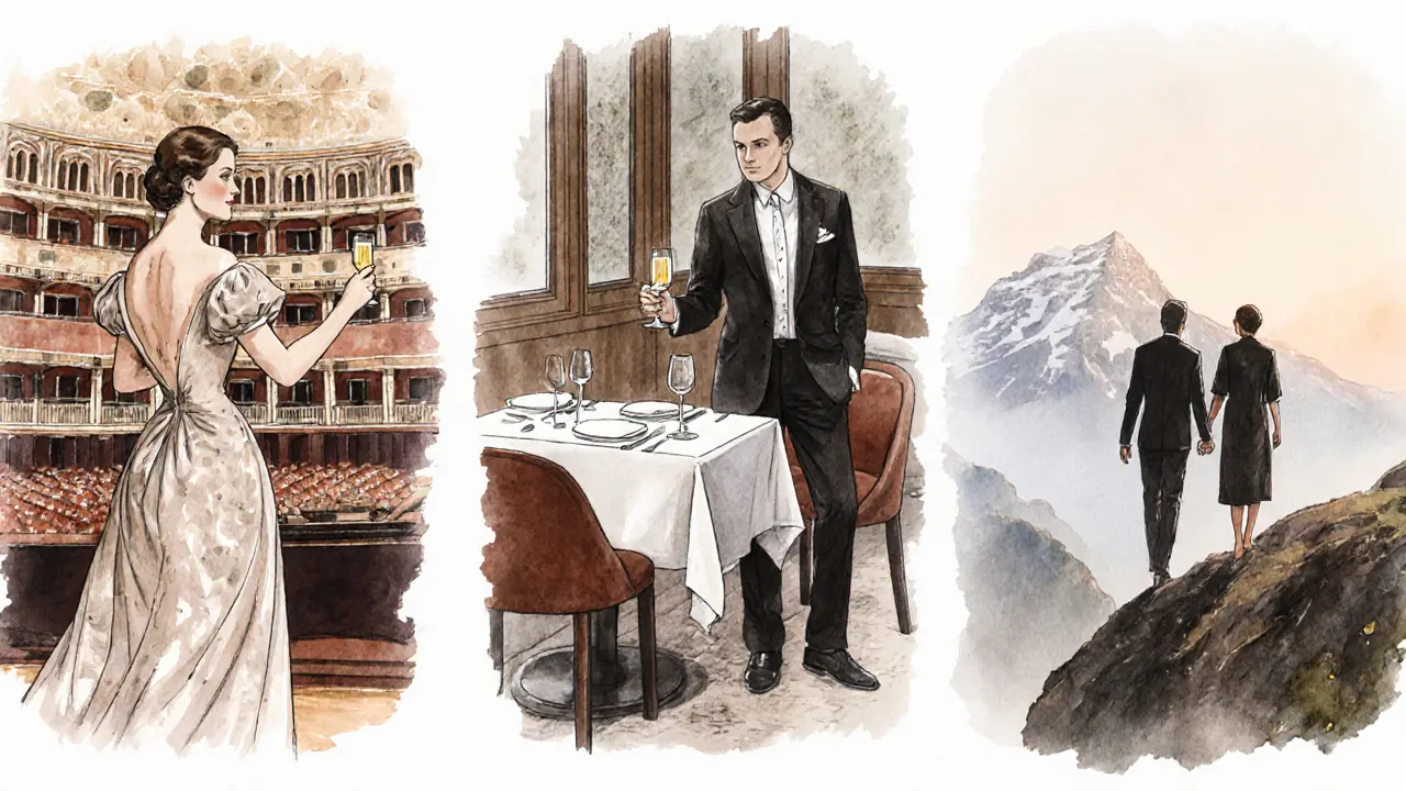 Three elegant figures in global settings: at an opera, a fine dining table, and a mountain ridge, representing cultural, executive, and wellness companionship.