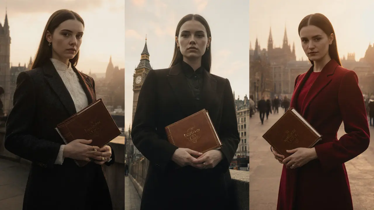 Three elegant women from Europe stand in different UK cityscapes at dusk, each holding the same leather journal.