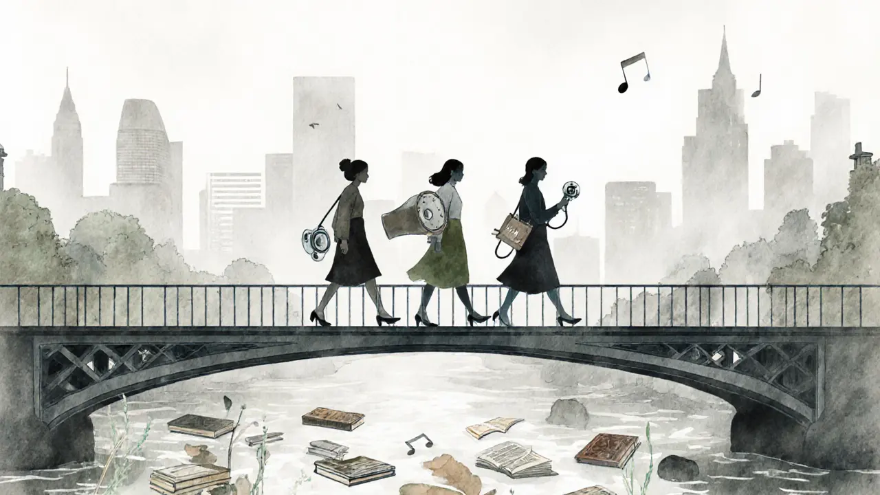 Three women from different parts of London walk together on a foggy bridge, each holding symbols of their passions.